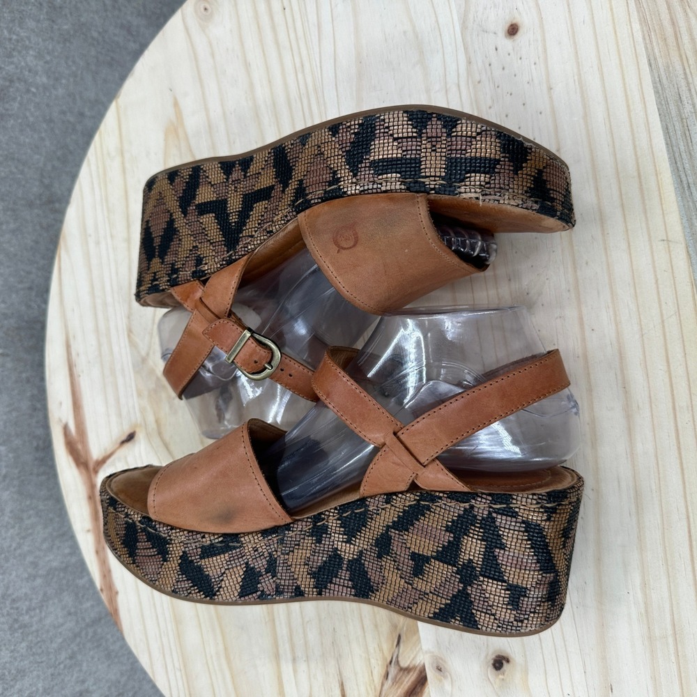 Born Dorrah Wedge Sandals 9 Tan Leather Geometric Platform Ankle Strap - Picture 7 of 11